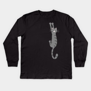 Funny Cat Hanging On - Grey Striped Tabby Cat Kids Long Sleeve T-Shirt